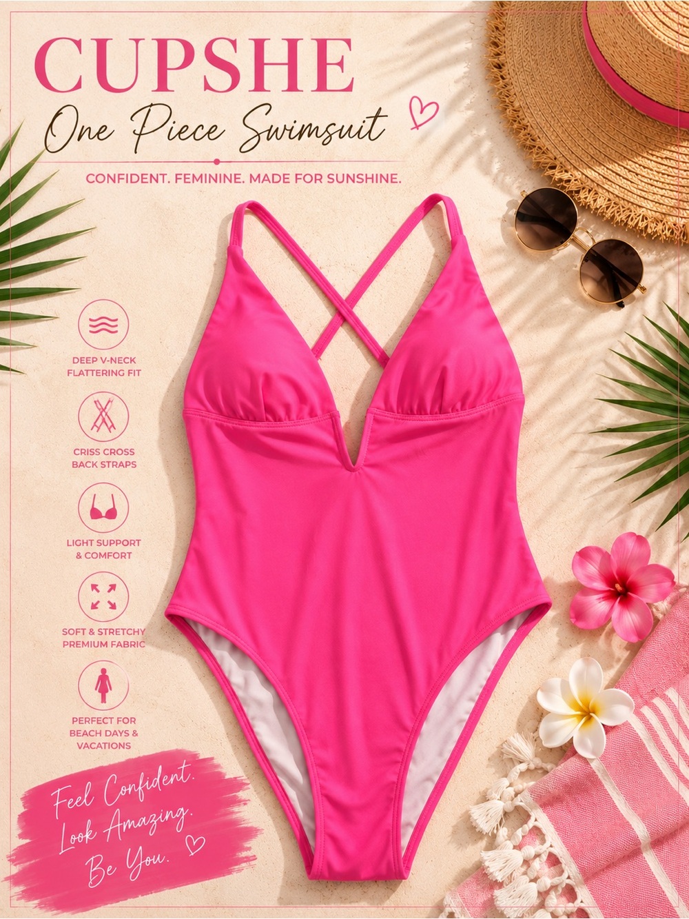 Cupshe Neon Pink Plunge One-Piece Swimsuit size medium NWT